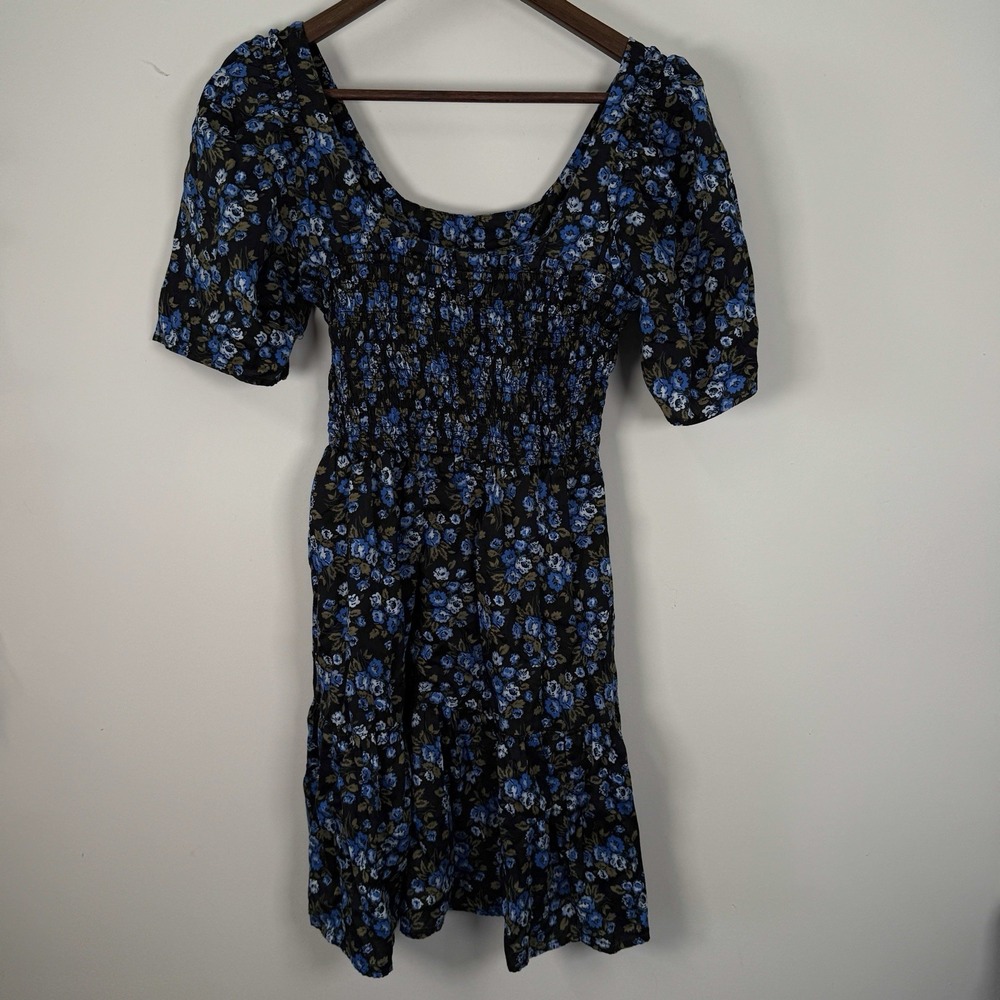 Gap Dress Women's Small Black Blue Floral Puff Sleeve Short Sundress